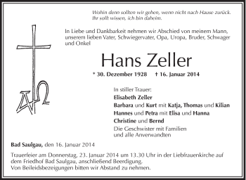Anzeige von Hans Zeller von Schwäbische Zeitung