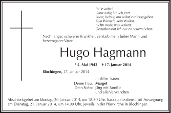 Anzeige von Hugo Hagmann von Schwäbische Zeitung