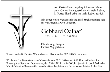 Anzeige von Gebhardt Oelhaf von Schwäbische Zeitung