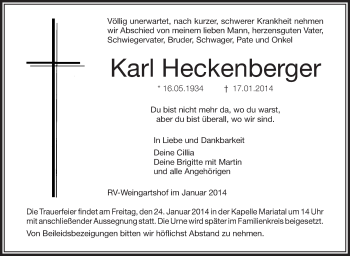 Anzeige von Karl Heckenberger von Schwäbische Zeitung