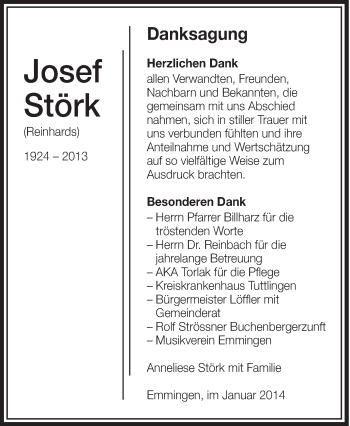 Anzeige von Josef Störk von Schwäbische Zeitung