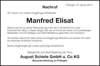 Anzeige von Manfred Elisat von Schwäbische Zeitung
