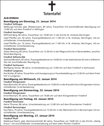Anzeige von Totentafel vom 21.01.2014 von Schwäbische Zeitung
