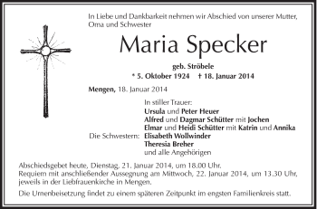 Anzeige von Maria Specker von Schwäbische Zeitung
