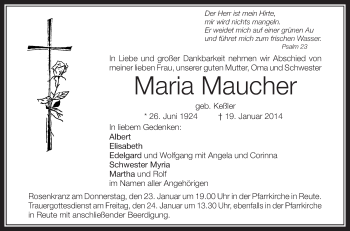 Anzeige von Maria Maucher von Schwäbische Zeitung