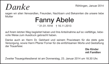 Anzeige von Fanny Abele von Schwäbische Zeitung