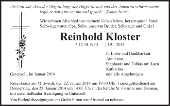 Anzeige von Reinhold Kloster von Schwäbische Zeitung