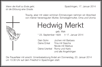 Anzeige von Hedwig Merkt von Schwäbische Zeitung