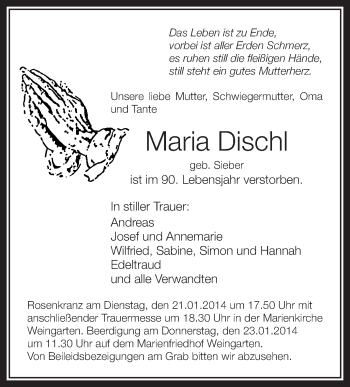 Anzeige von Maria Dischl von Schwäbische Zeitung