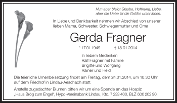 Anzeige von Gerda Fragner von Schwäbische Zeitung