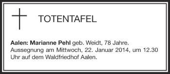 Anzeige von Totentafel vom 21.01.2014 von Schwäbische Zeitung