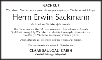 Anzeige von Erwin Sackmann von Schwäbische Zeitung