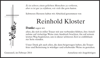 Anzeige von Reinhold Kloster von Schwäbische Zeitung