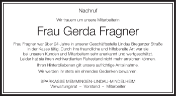 Anzeige von Gerda Fragner von Schwäbische Zeitung