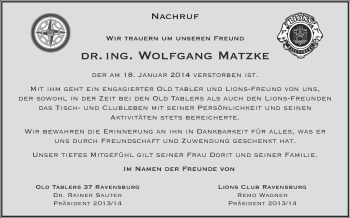 Anzeige von Wolfgang Matzke von Schwäbische Zeitung