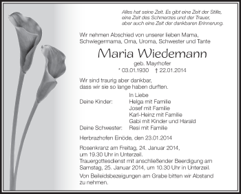 Anzeige von Maria Wiedemann von Schwäbische Zeitung