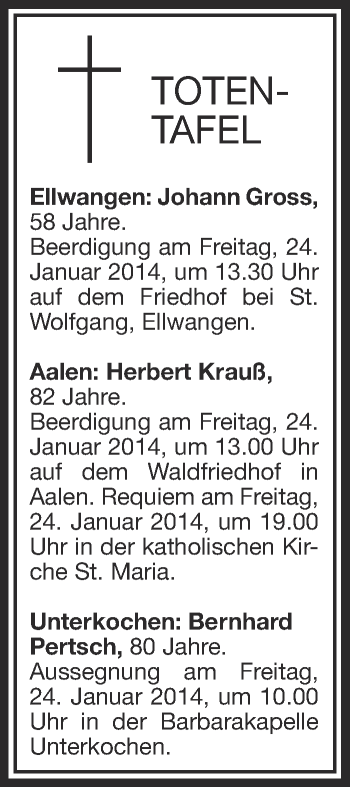 Anzeige von Totentafel vom 23.01.2014 von Schwäbische Zeitung