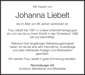 Anzeige von Johanna Liebelt von Schwäbische Zeitung