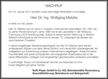Anzeige von Wolfgang Matzke von Schwäbische Zeitung
