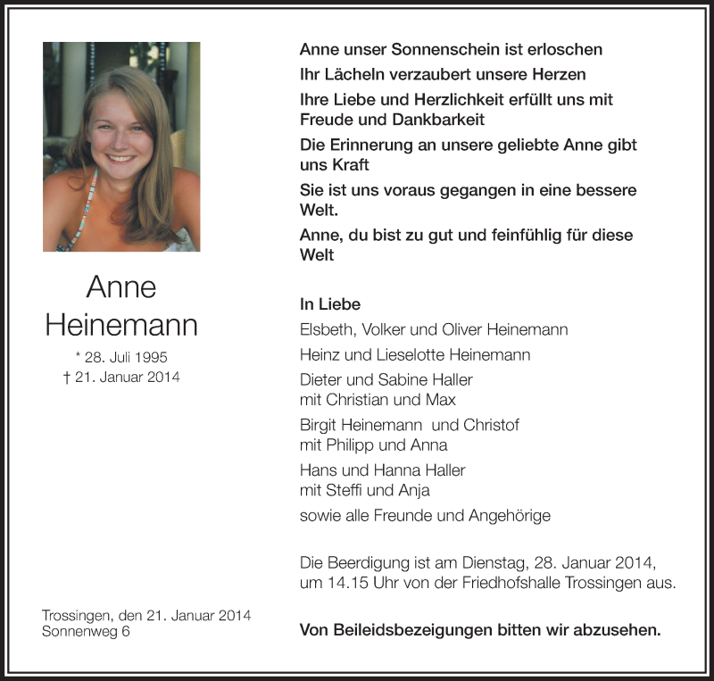  Traueranzeige für Anne Heinemann vom 25.01.2014 aus Schwäbische Zeitung