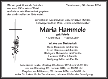 Anzeige von Maria Hammele von Schwäbische Zeitung