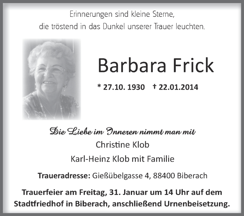 Traueranzeigen Von Barbara Frick Schwaebische De Trauerportal