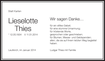 Anzeige von Lieselotte Thies von Schwäbische Zeitung