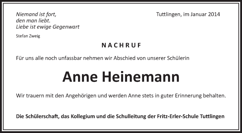  Traueranzeige für Anne Heinemann vom 28.01.2014 aus Schwäbische Zeitung