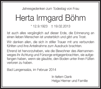 Anzeige von Herta Irmgard Böhm von Schwäbische Zeitung
