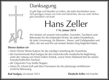 Anzeige von Hans Zeller von Schwäbische Zeitung