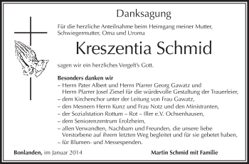 Anzeige von Kreszentia Schmid von Schwäbische Zeitung