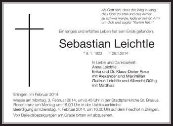 Anzeige von Sebastian Leichtle von Schwäbische Zeitung