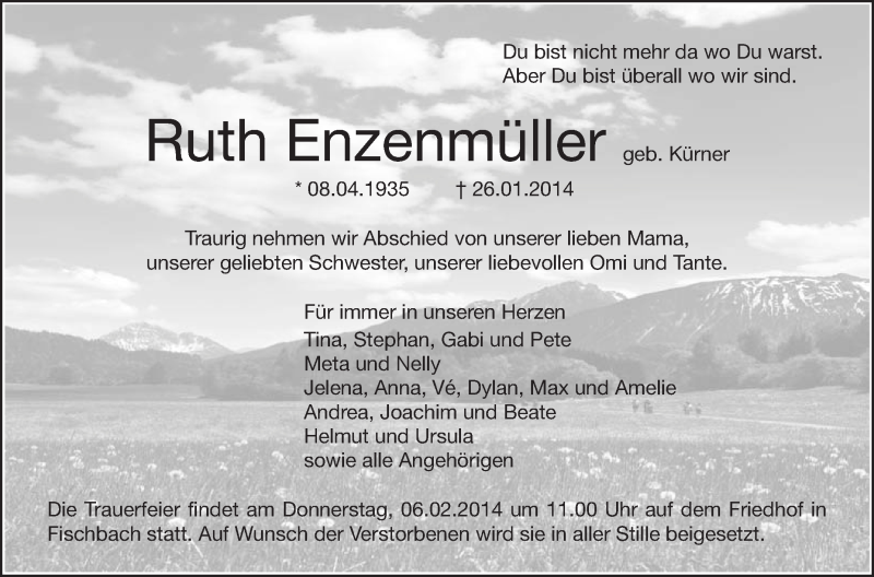  Traueranzeige für Ruth Enzenmüller vom 01.02.2014 aus Schwäbische Zeitung