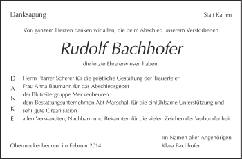 Anzeige von Rudolf Bachhofer von Schwäbische Zeitung