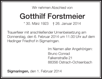 Anzeige von Gotthilf Forstmeier von Schwäbische Zeitung