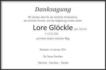 Anzeige von Lore Glöckle von Schwäbische Zeitung