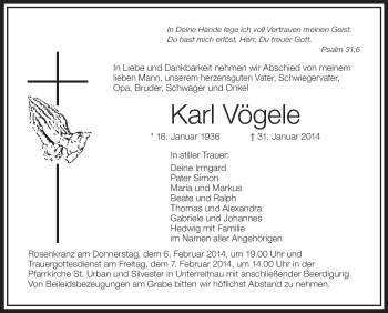 Anzeige von Karl Vögele von Schwäbische Zeitung