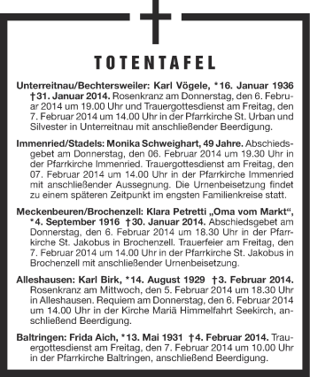 Anzeige von Totentafel vom 05.02.2014 von Schwäbische Zeitung