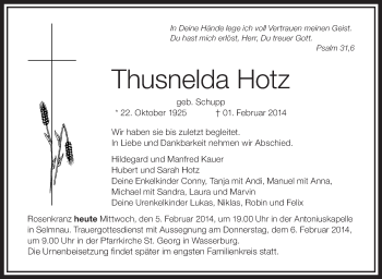 Anzeige von Thusnelda Hotz von Schwäbische Zeitung