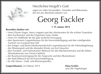 Anzeige von Georg Fackler von Schwäbische Zeitung