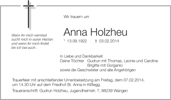Anzeige von Anna Holzheu von Schwäbische Zeitung