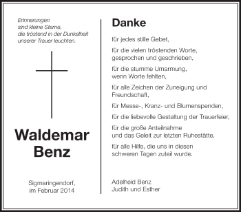 Anzeige von Waldemar Benz von Schwäbische Zeitung