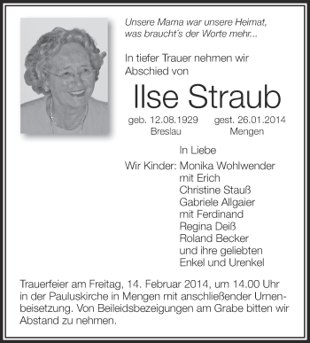 Anzeige von Ilse Straub von Schwäbische Zeitung