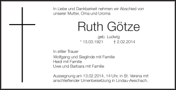 Anzeige von Ruth Götze von Schwäbische Zeitung