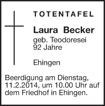 Anzeige von Totentafel vom 08.02.2014 von Schwäbische Zeitung