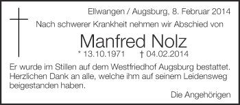 Anzeige von Manfred Nolz von Schwäbische Zeitung