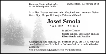 Anzeige von Josef Smola von Schwäbische Zeitung