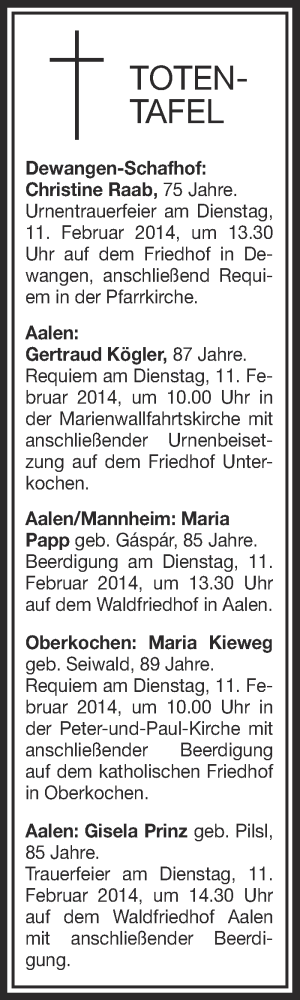 Anzeige von Totentafel vom 08.02.2014 von Schwäbische Zeitung