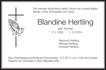 Anzeige von Blandine Hertling von Schwäbische Zeitung