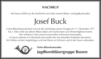 Anzeige von Josef Buck von Schwäbische Zeitung